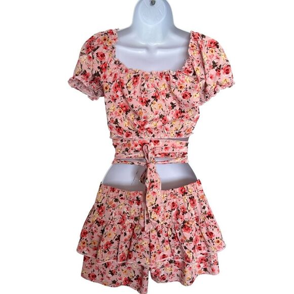 Bla Shé Pink Floral Two-Piece Crop Top & Skirt Set Top Sz S Skirt Sz M - Picture 6 of 7